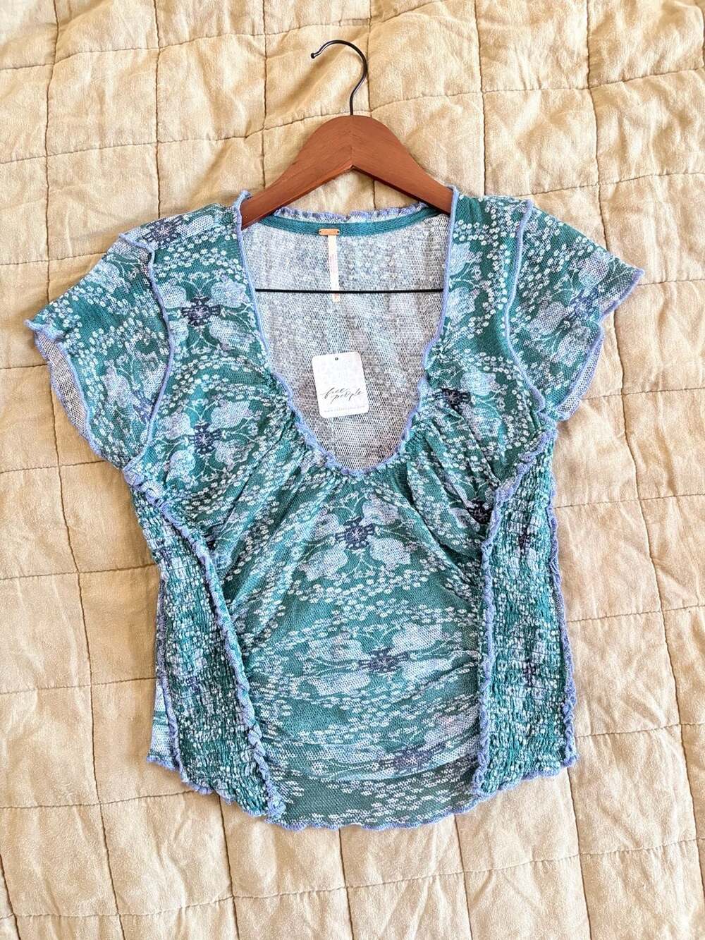 Free People Oh My Baby Tee Size S Seagrass Combo Floral Ruched Top